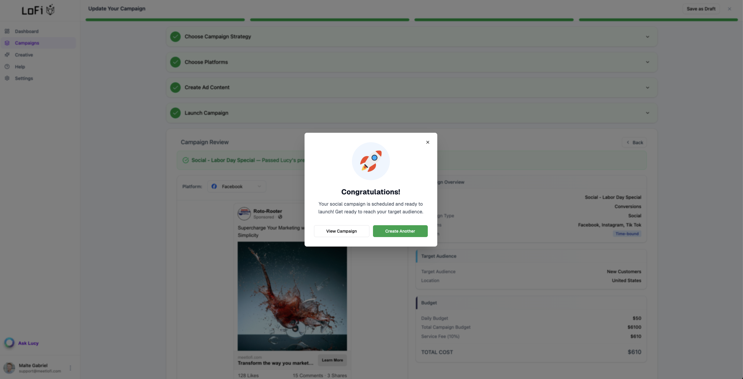 Lofi's 4-step campaign creation interface showing the streamlined process from strategy to launch