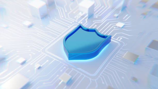 Blue shield on digital circuit board background, representing centralized brand protection and governance
