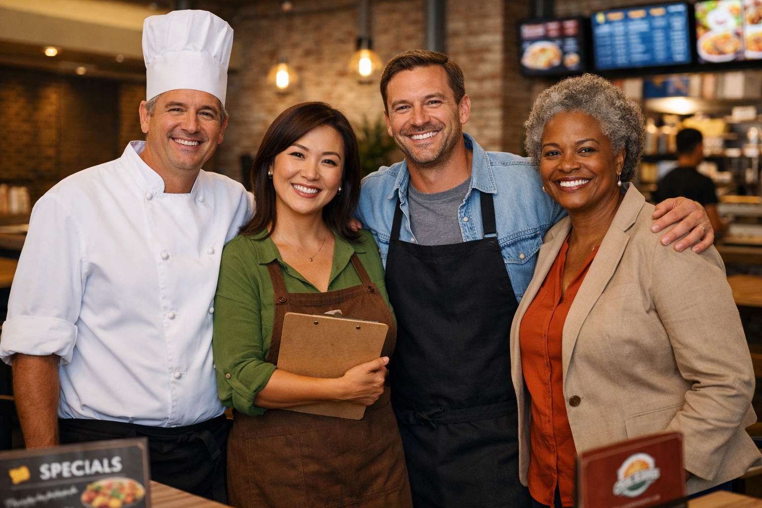 Diverse franchise restaurant team members smiling together in a restaurant