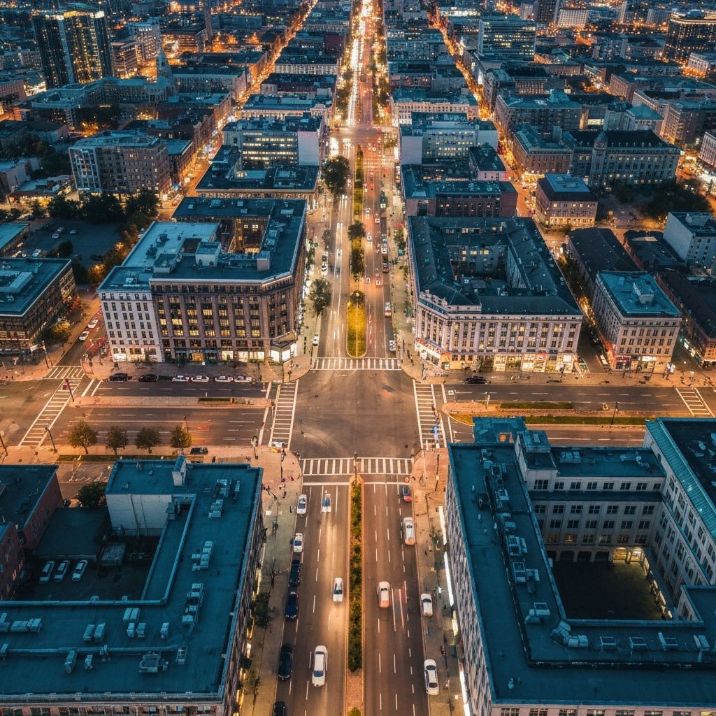Aerial view of a city grid representing multi-location business management