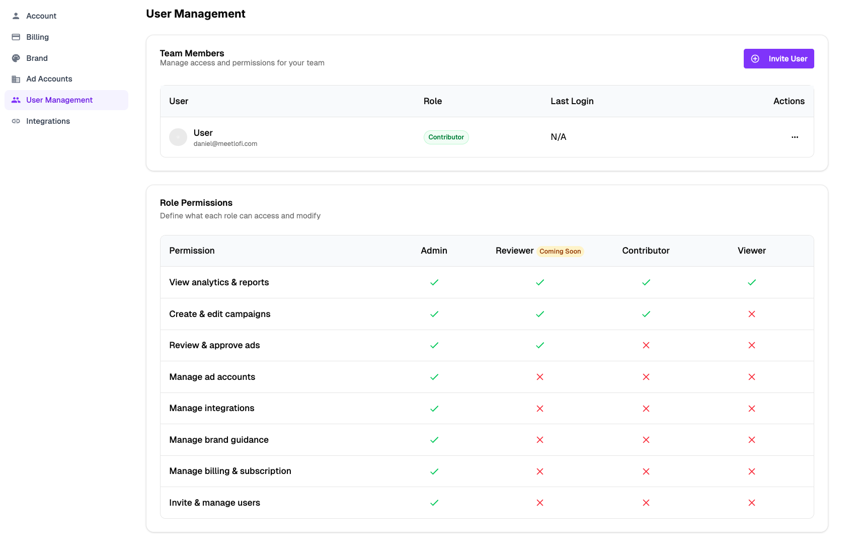 User Management panel showing team members table and role permissions matrix