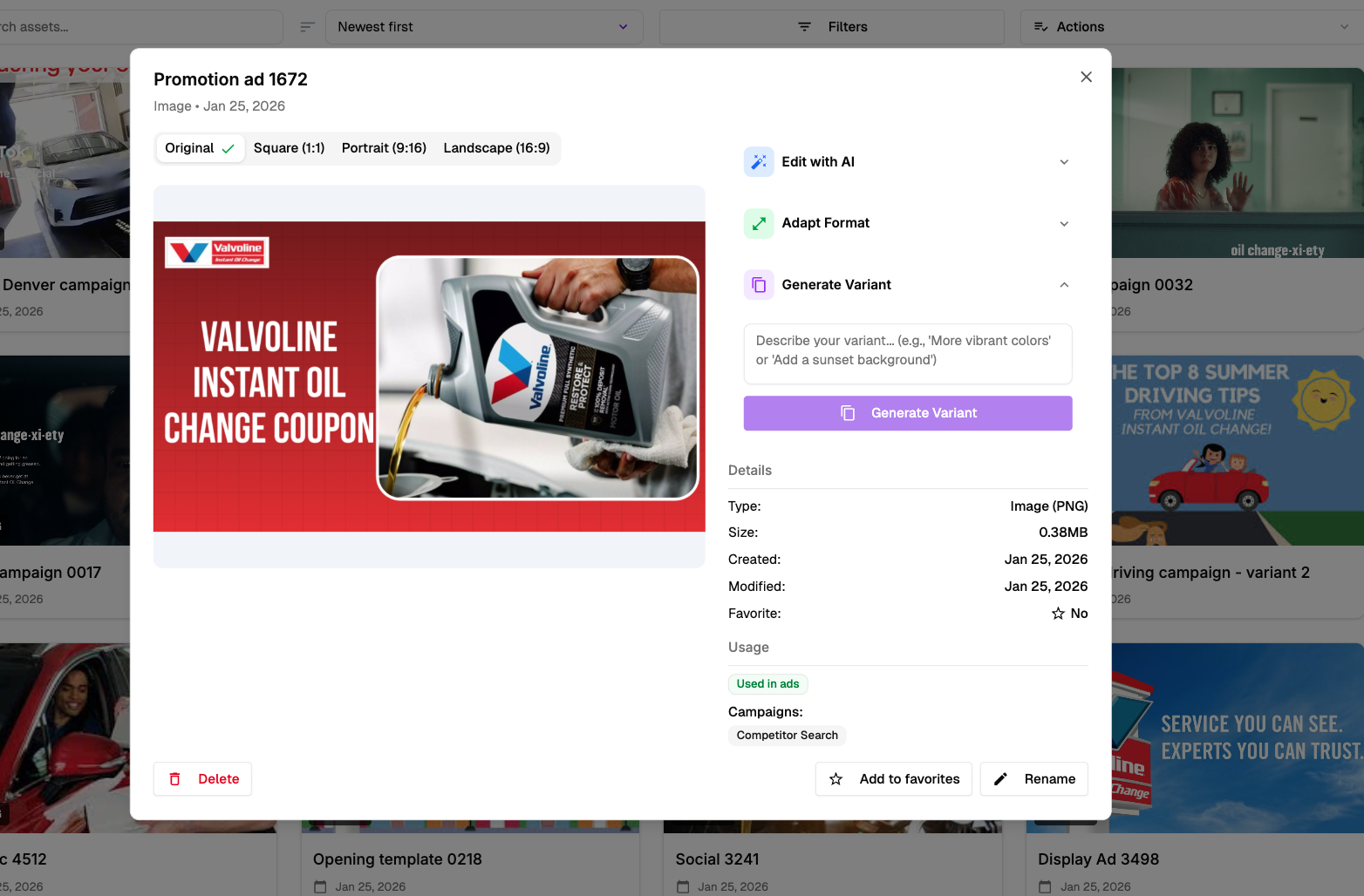 Creative asset modal showing Edit with AI, Adapt Format, and Generate Variant panels