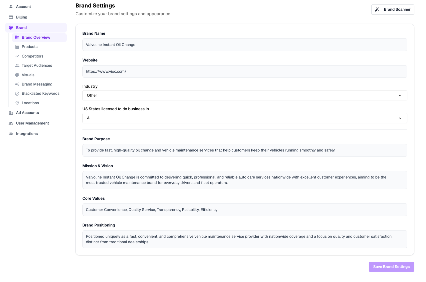 Brand Settings page with fields for brand name, purpose, mission, values, and positioning