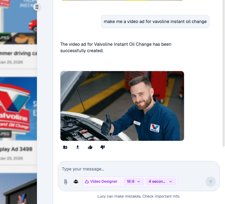 Lucy Video Designer generating a Valvoline video ad with aspect ratio and duration controls